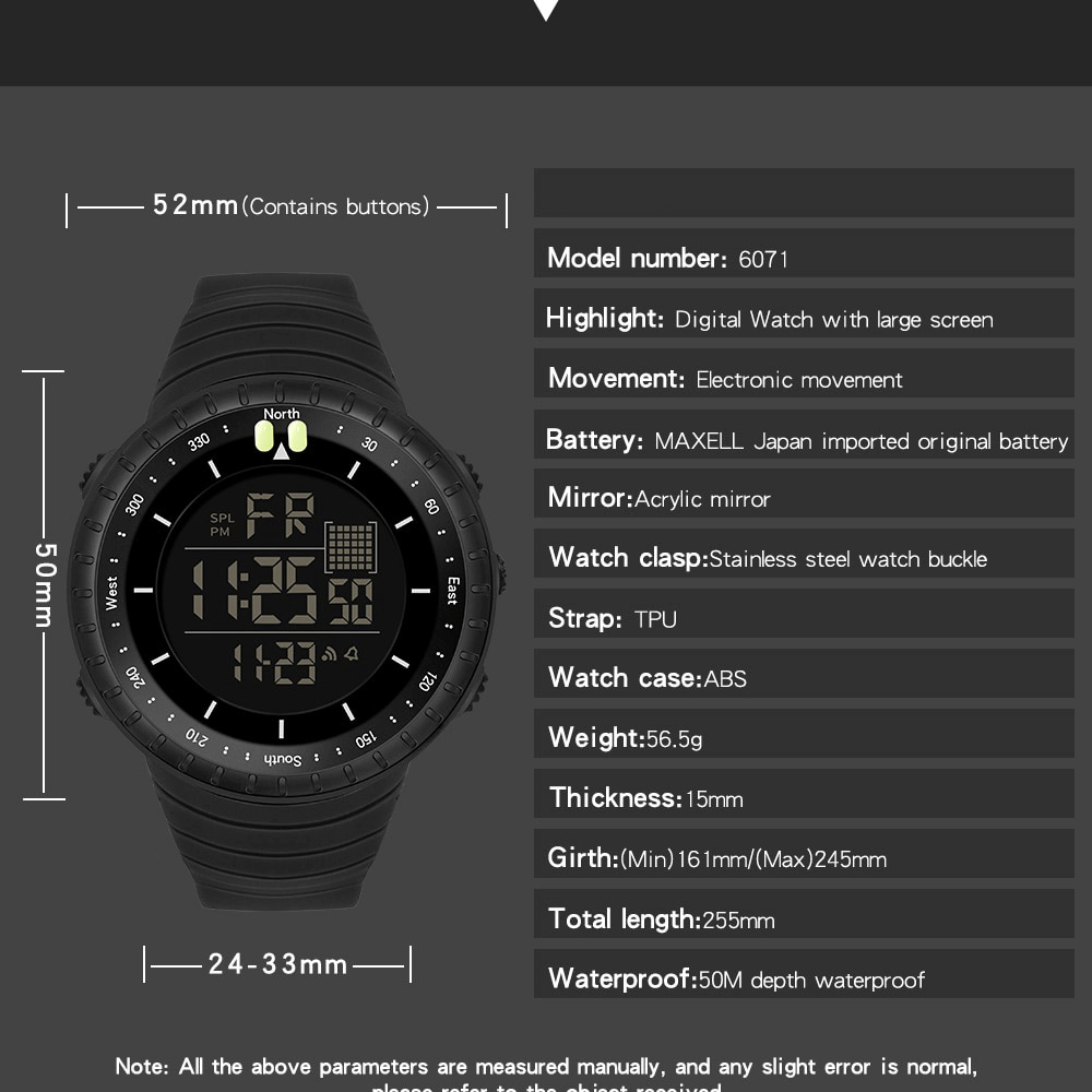 Outdoor sports digital watch SF1313 with large screen, resin case, rubber band, water resistance, stopwatch, backlight, and alarm features.